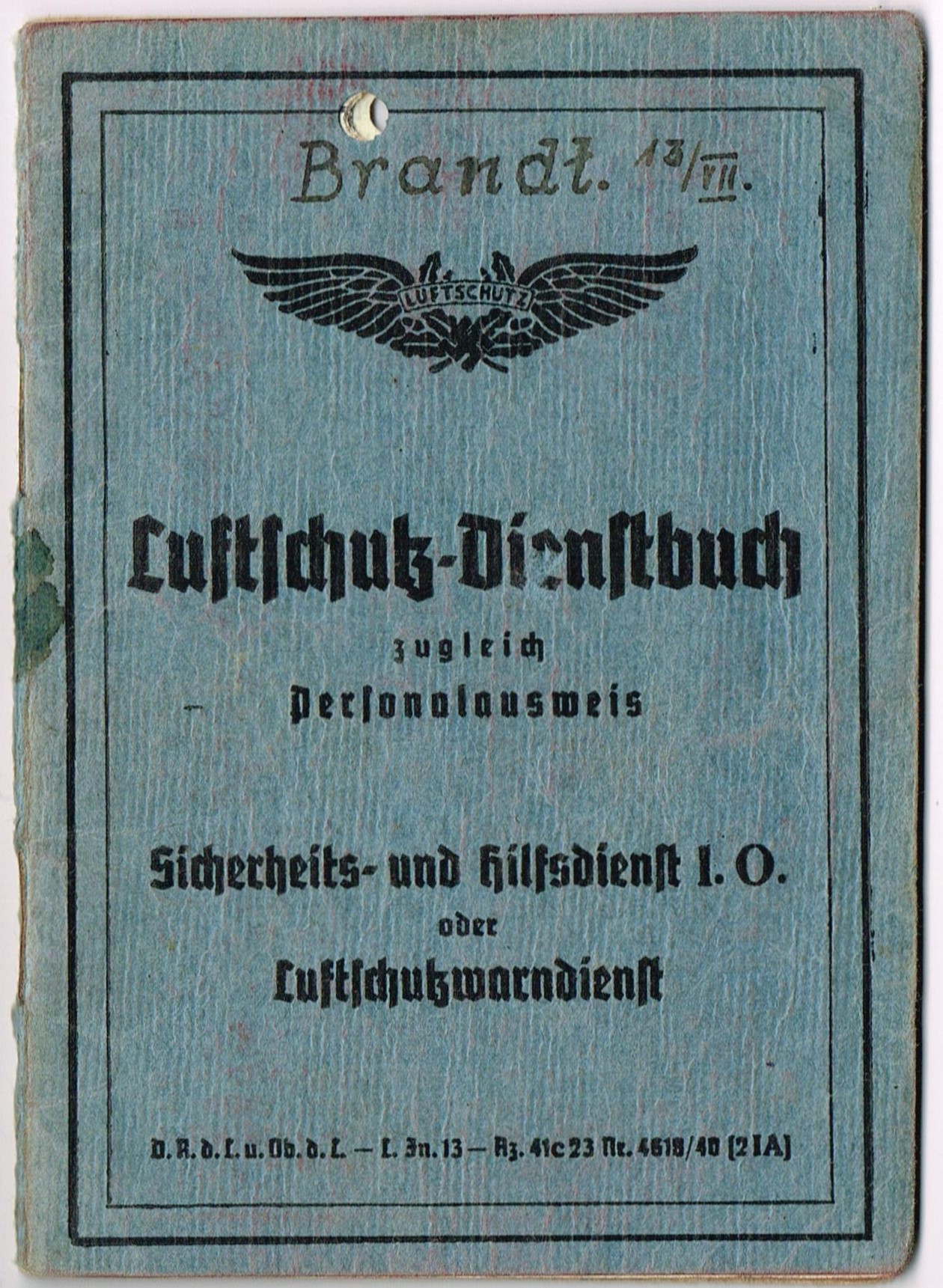 Luftschutz-Dienstbuch zugleich Personalausweis - Sicherheits- und Hilfsdienst I.O. oder Luftschutzwarndienst